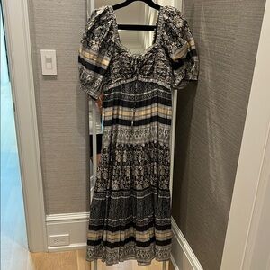 Sea New York Black and White Tiered Puff Sleeve Midi Dress